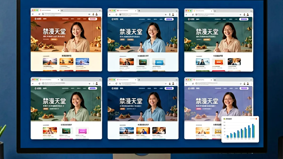 电脑屏幕展示禁漫天堂官网网站的多个访问渠道对比界面，屏幕上并列排列六个浏览器窗口，每个窗口显示不同渠道的页面布局和加载状态，下方配有简洁的对比数据面板