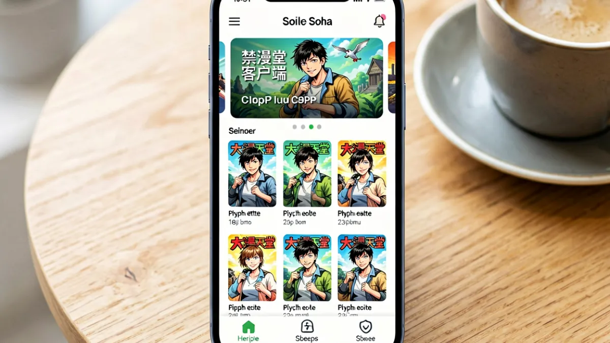 手机屏幕上显示禁漫天堂移动端客户端的界面截图，首页列表展示多部热门漫画封面，底部导航栏包含首页收藏和个人中心三个选项卡
