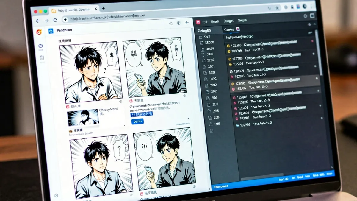 笔记本电脑屏幕显示漫画阅读页面与浏览器开发者工具同时打开的画面